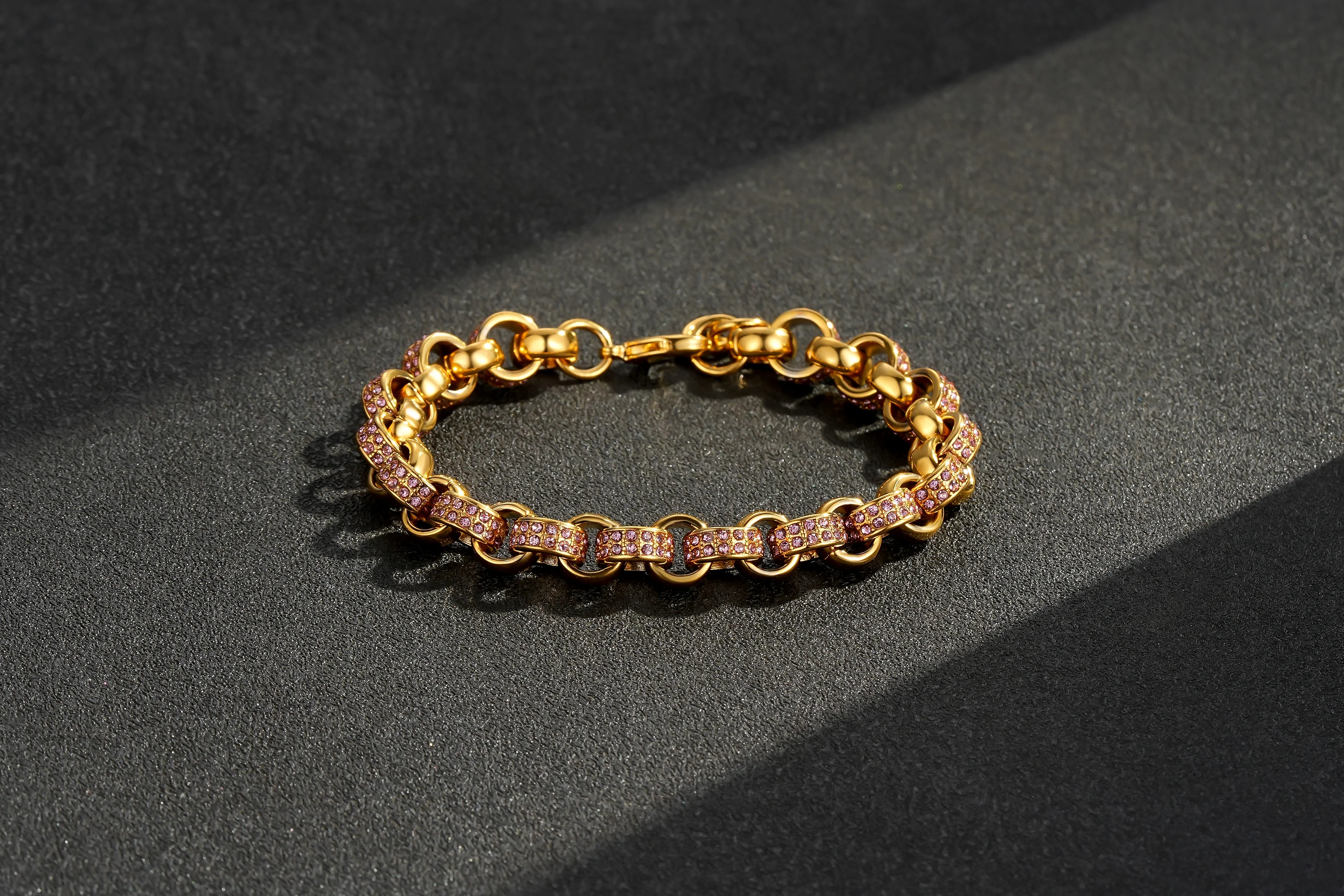Gold Belcher Bracelet with Pink Stones 8mm