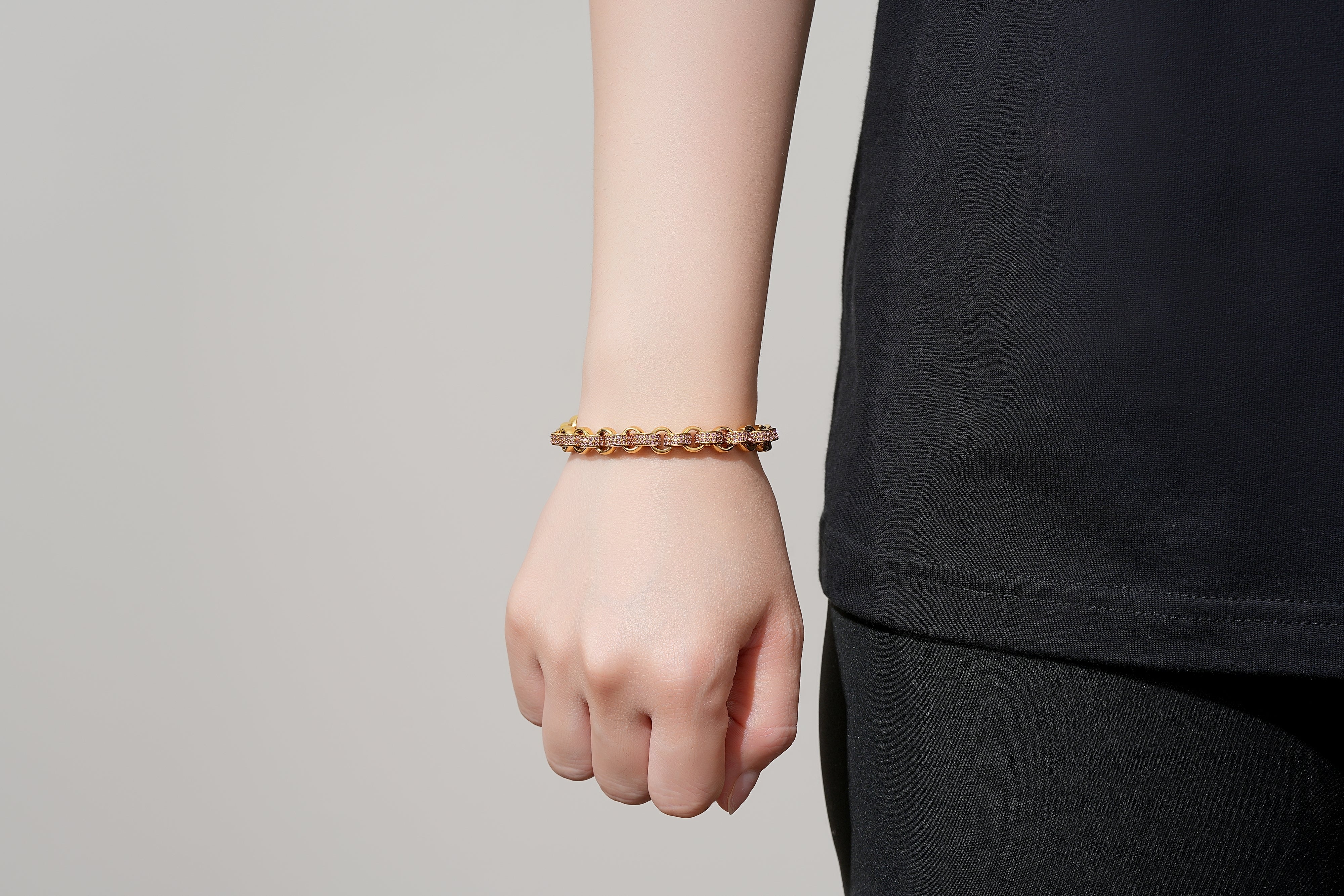 Gold Belcher Bracelet with Pink Stones 8mm - Image 3