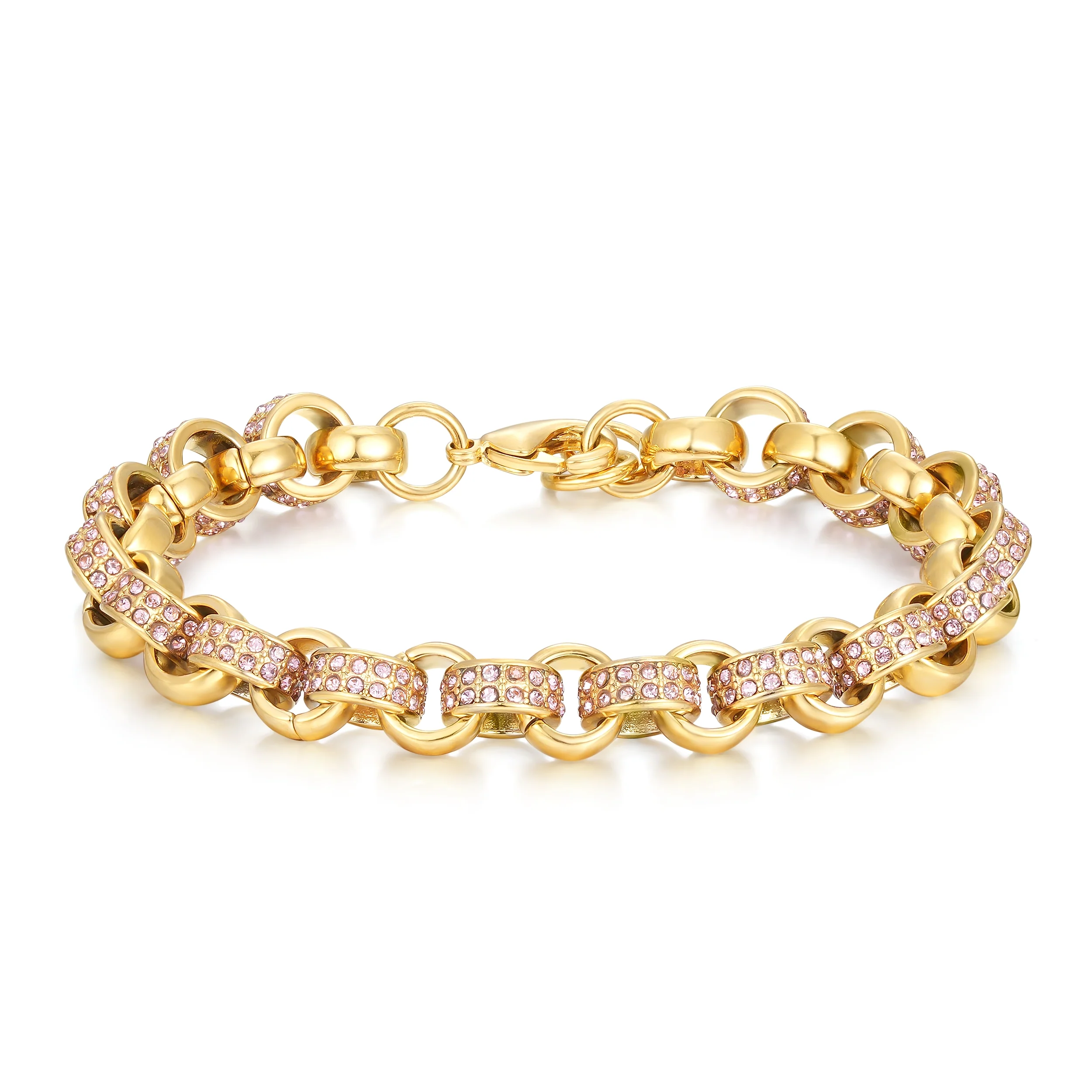 Gold Belcher Bracelet with Pink Stones 8mm - Image 4