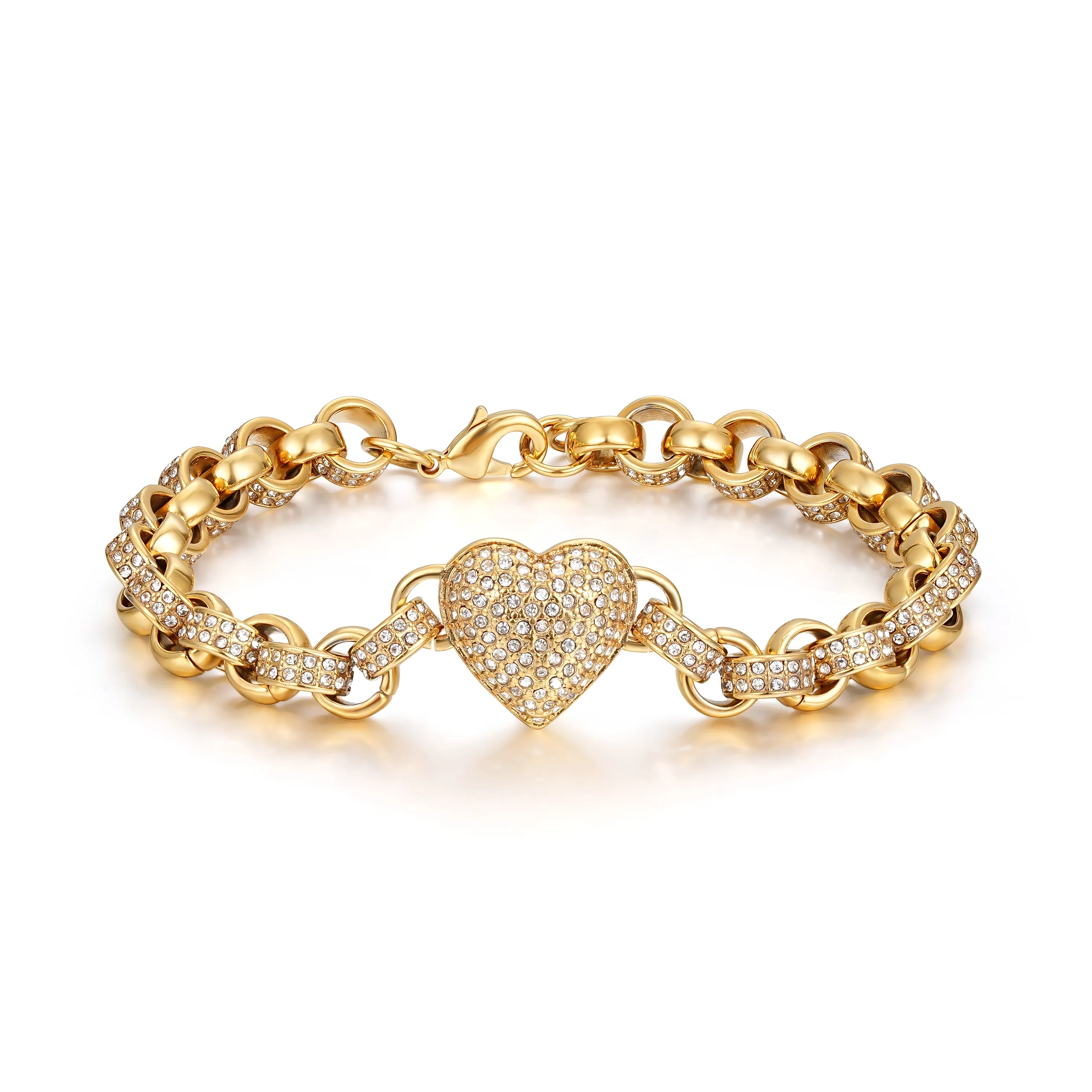 Gold Heart Charm Bracelet with Clear Stones – Fits 7.5–8” Wrist, 27g, Tarnish Resistant