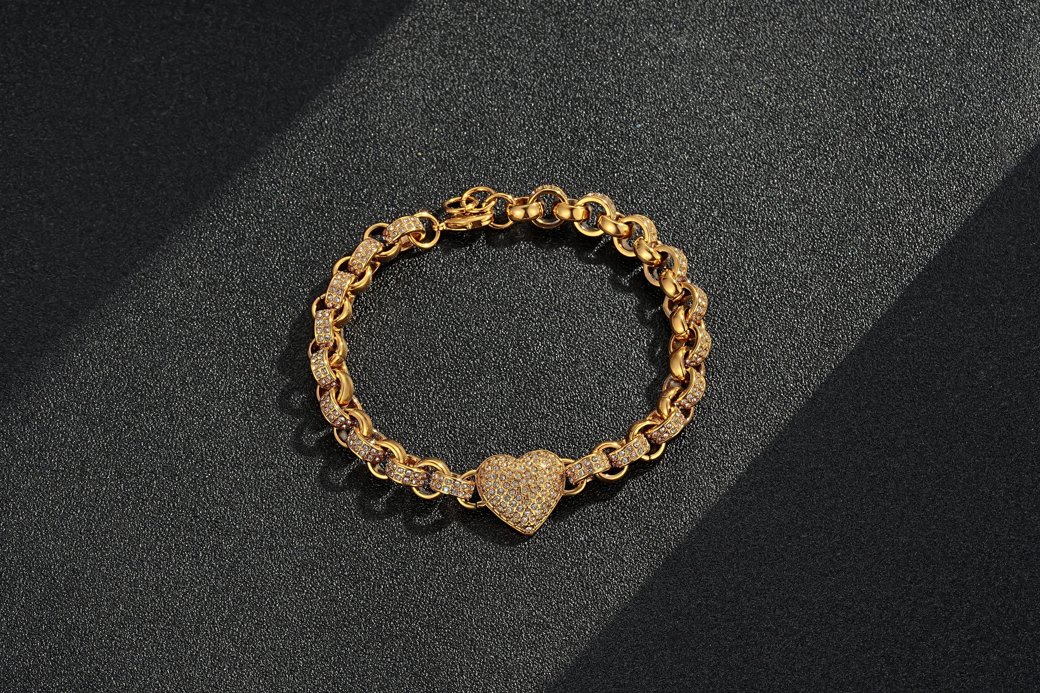 Gold Heart Charm Bracelet with Clear Stones – Fits 7.5–8” Wrist, 27g, Tarnish Resistant - Image 3