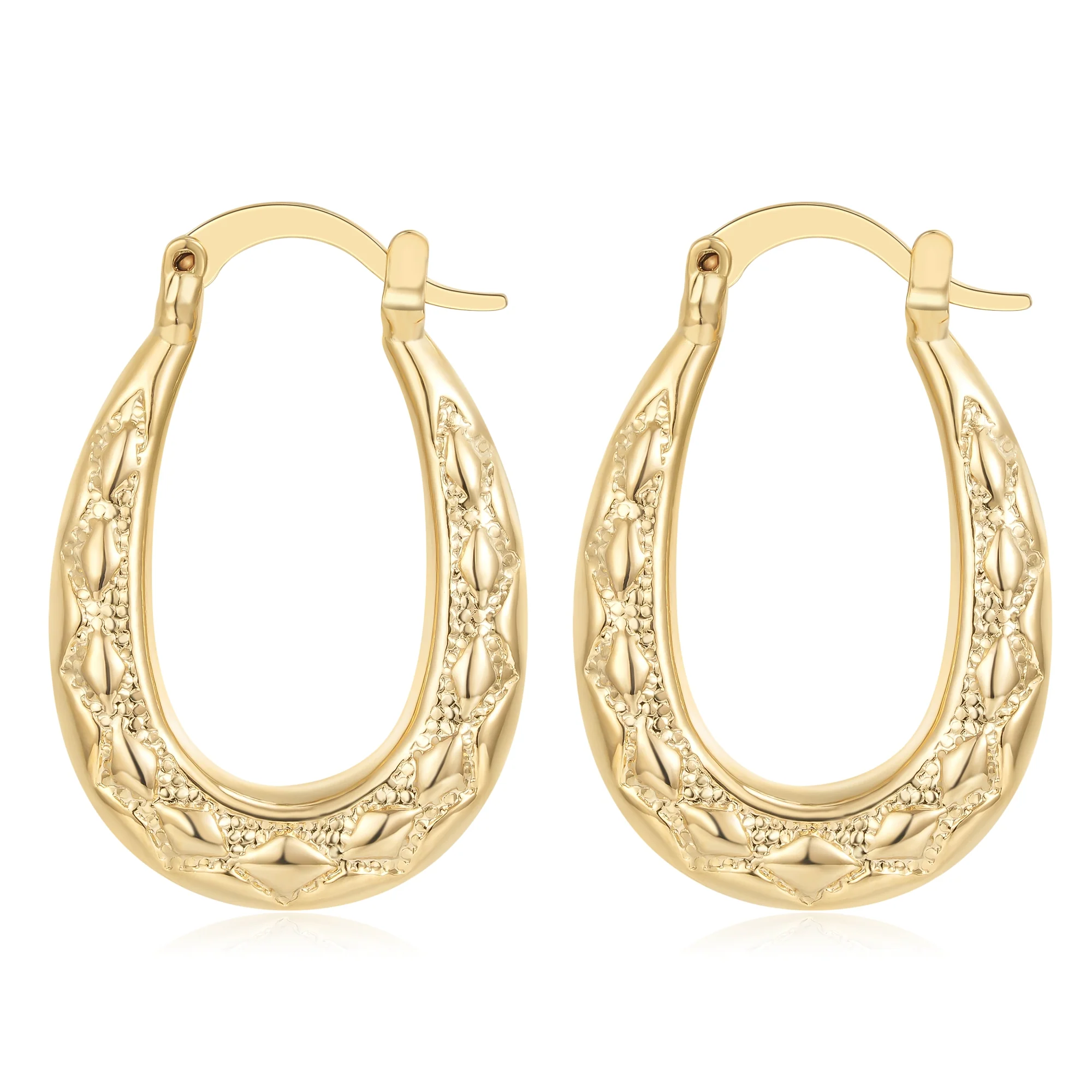 Gold Diamond-Cut Oval Creole Hoop Earrings 25mm - Image 2